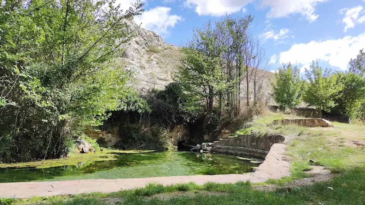 Zona de baño y zona de picnic de la Fuente de la Salud, rodeados de árboles.
