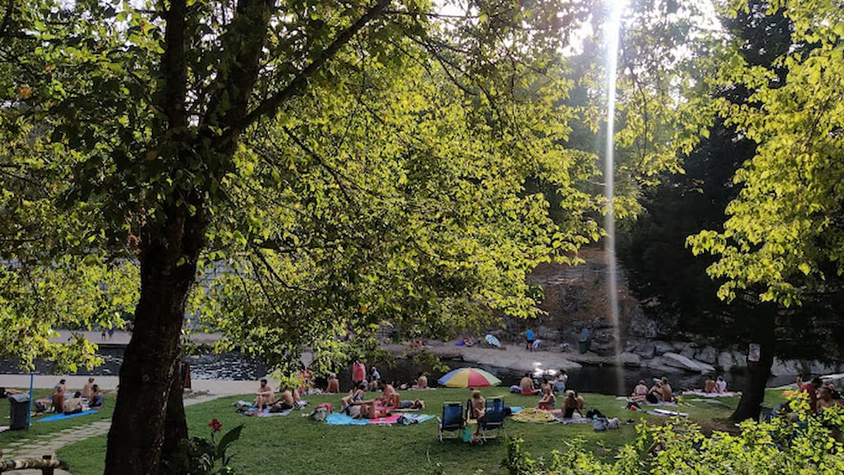 Personas disfrutando del césped y la sombra de los árboles en las piscinas naturales de Arenas de San Pedro.
