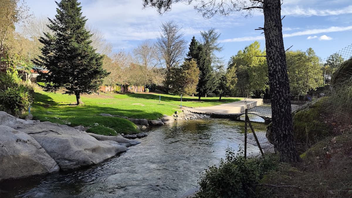 Pequeño riachuelo de aguas cristalinas en Arenas de San Pedro, con vegetación y rocas alrededor.