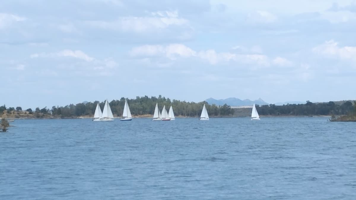 Regata de veleros en la Playa de Orellana con un paisaje natural de fondo.